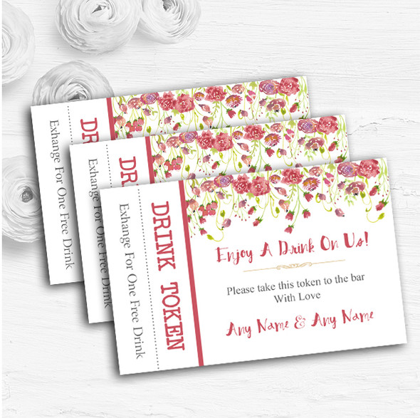 Plum Pink Watercolour Floral Personalised Wedding Bar Free Drink Tokens