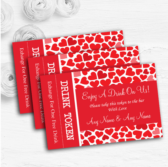 Red And Pink Romantic Hearts Personalised Wedding Bar Free Drink Tokens