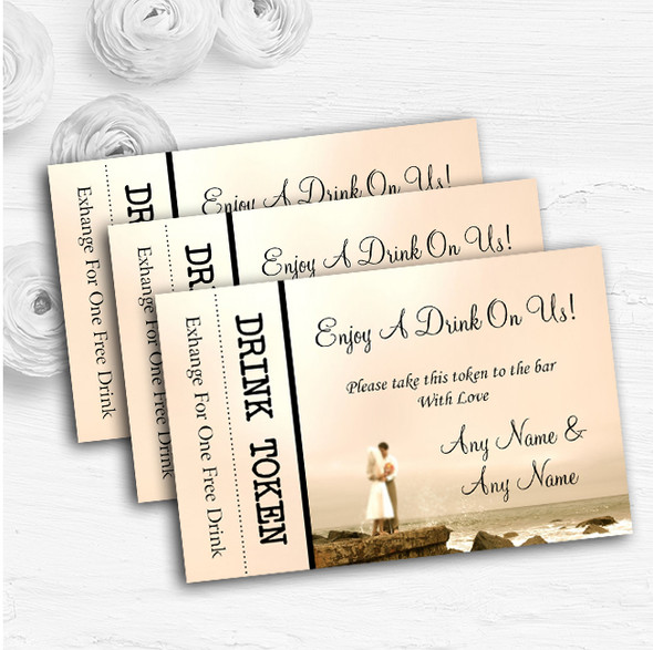 Romantic Couple On The Beach Personalised Wedding Bar Free Drink Tokens