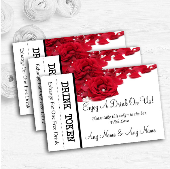 White Pearl Red Rose Petals Personalised Wedding Bar Free Drink Tokens