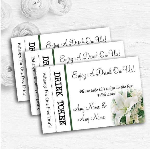 Classy White Lily Pretty Personalised Wedding Bar Free Drink Tokens