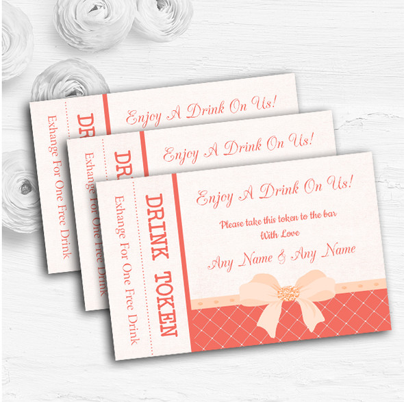 Quilted Look Coral Bow Personalised Wedding Bar Free Drink Tokens