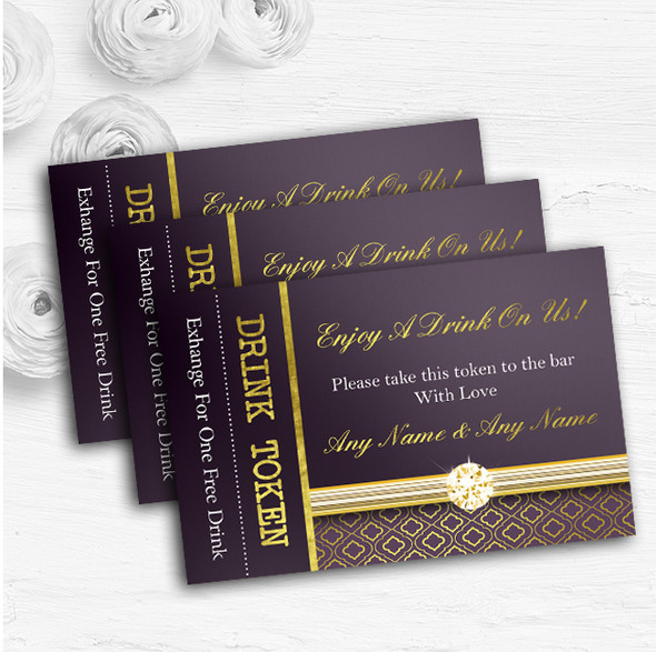 Purple Satin And Gold Personalised Wedding Bar Free Drink Tokens