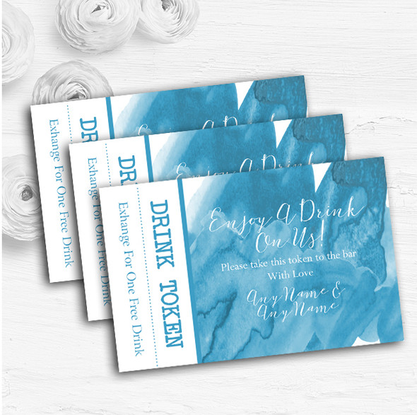Sea Blue Watercolour Personalised Wedding Bar Free Drink Tokens