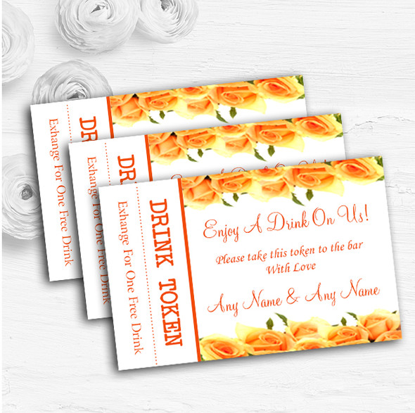 Orange Yellow Roses Personalised Wedding Bar Free Drink Tokens