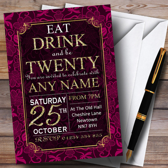 Pink & Gold Flowers 20th Customised Birthday Party Invitations