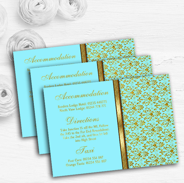 Aqua Sky Blue & Gold Vintage Damask Personalised Wedding Guest Information Cards