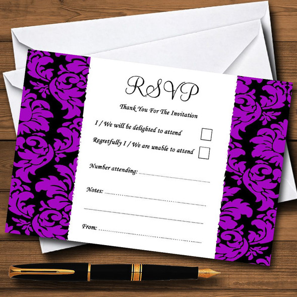 Floral Black & Purple Damask RSVP Cards