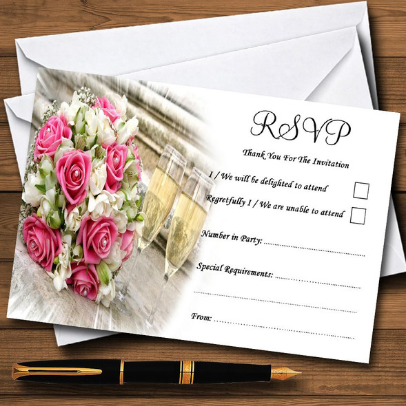 Pink Roses Pearls Champagne RSVP Cards