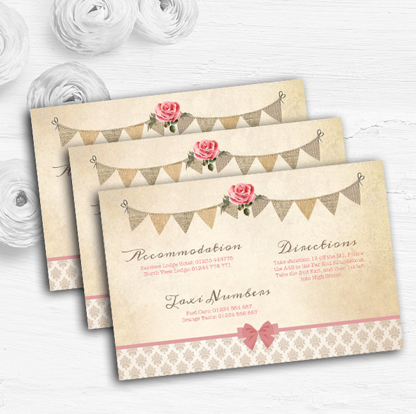 Vintage Rustic Style Bunting Pink Rose Wedding Guest Information Cards
