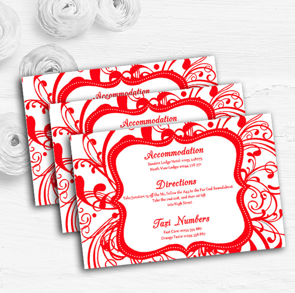 White & Red Swirl Deco Personalised Wedding Guest Information Cards