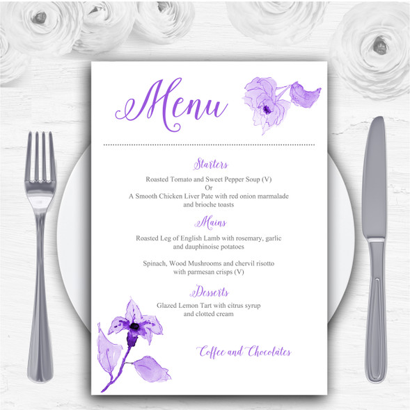 Beautiful Cadbury Purple Watercolour Flowers Personalised Wedding Menu Cards