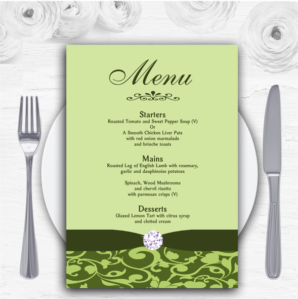 Olive Green Vintage Floral Damask Diamante Personalised Wedding Menu Cards