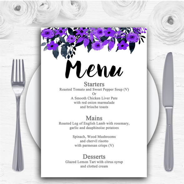 Watercolour Black & Purple Floral Header Personalised Wedding Menu Cards