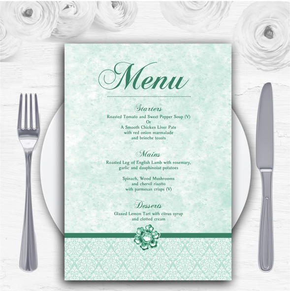 Pale Mint Green Vintage Damask Jewel Personalised Wedding Menu Cards