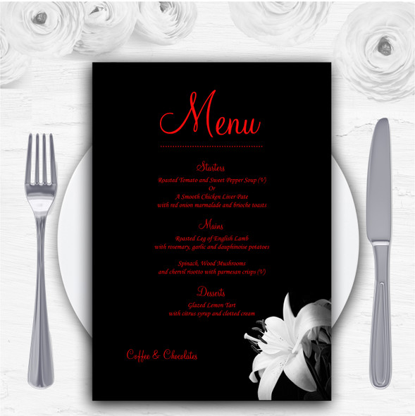 Stunning Lily Flower Black White Red Personalised Wedding Menu Cards