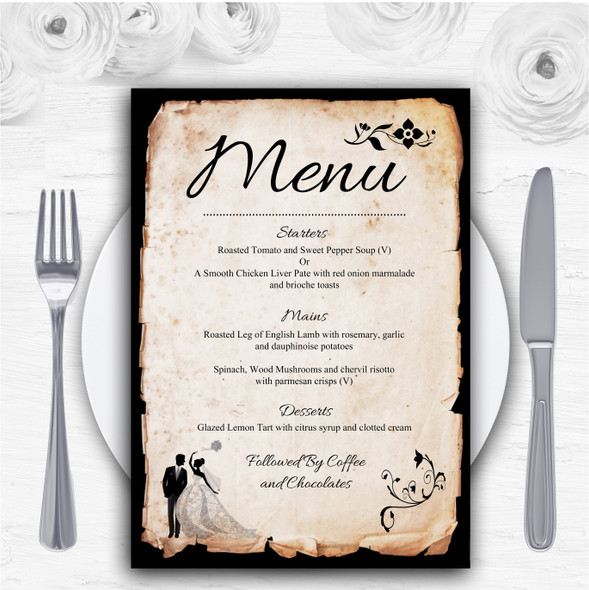 Black White Vintage Rustic Postcard Personalised Wedding Menu Cards