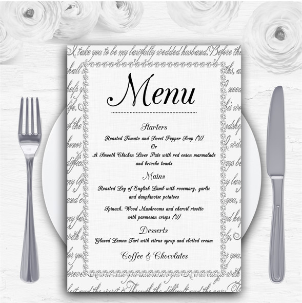 Off White Love Vows Romantic Script Personalised Wedding Menu Cards