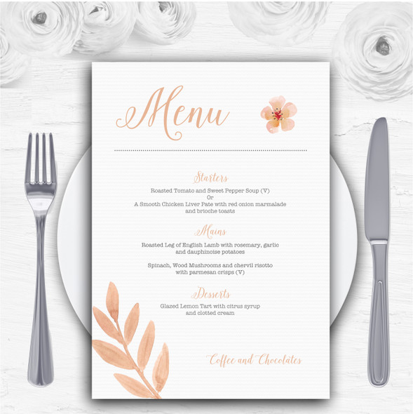 Watercolour Subtle Coral Pink Peach Personalised Wedding Menu Cards