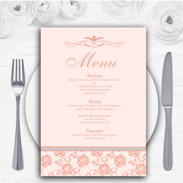 Pretty Pale Coral Floral Diamante Personalised Wedding Menu Cards