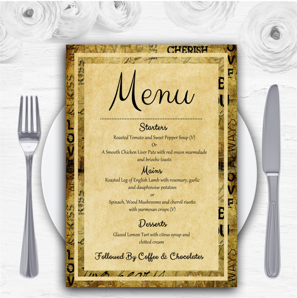 Vintage I Love You Postcard Style Personalised Wedding Menu Cards