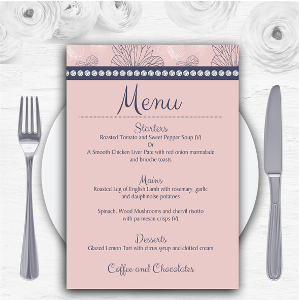 Dusty Coral Pink And Blue Floral Personalised Wedding Menu Cards