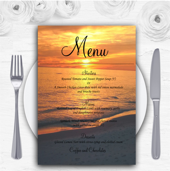 Beach At Sunset Romantic Abroad Personalised Wedding Menu Cards