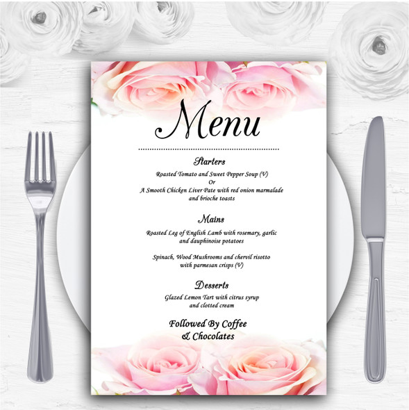 Gorgeous Pastel Pink Wet Roses  Personalised Wedding Menu Cards