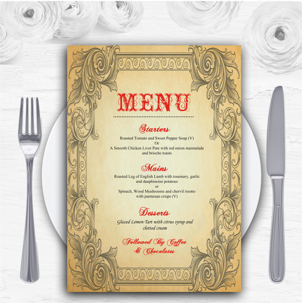 Typography Vintage Red Postcard Personalised Wedding Menu Cards