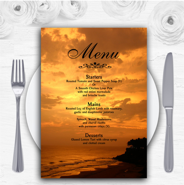 Lovely Beach At Sunset Abroad Personalised Wedding Menu Cards