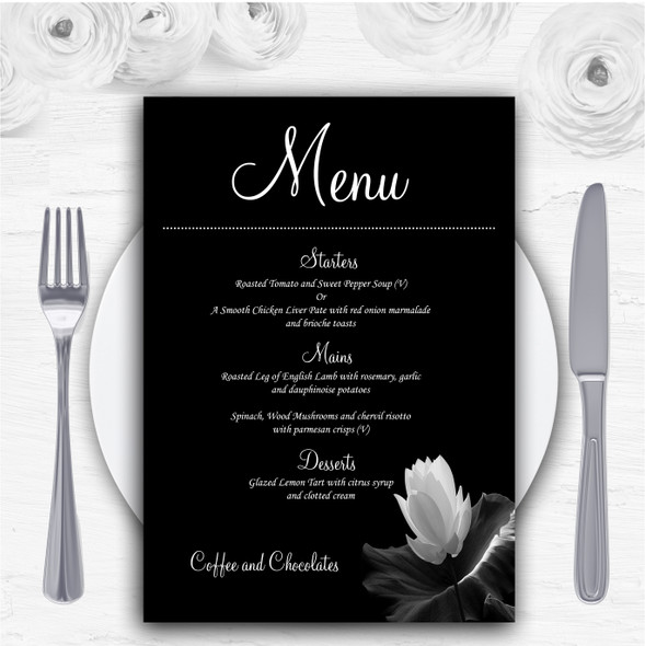 Beautiful Black White Flower Personalised Wedding Menu Cards