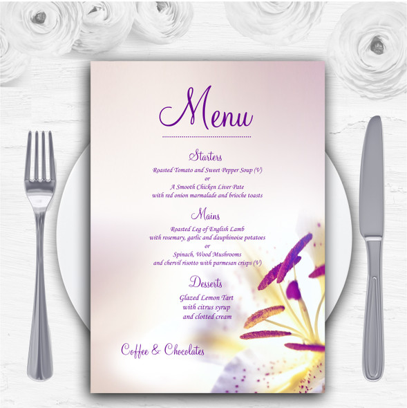 Purple Beautiful Lily Flower Personalised Wedding Menu Cards