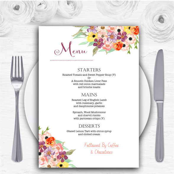 Floral Watercolour Bouquet Personalised Wedding Menu Cards