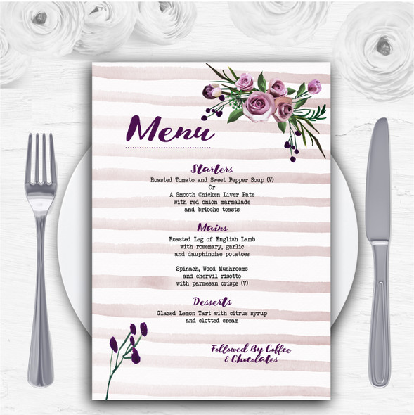 Watercolour Stripes Purple Personalised Wedding Menu Cards