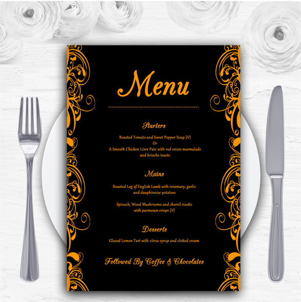 Black & Orange Swirl Deco Personalised Wedding Menu Cards