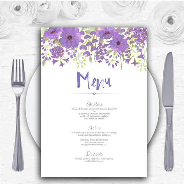 Watercolour Floral Purple Personalised Wedding Menu Cards