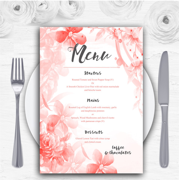 Coral Watercolour Floral Personalised Wedding Menu Cards