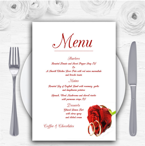 Red Romantic Rose Rings Personalised Wedding Menu Cards