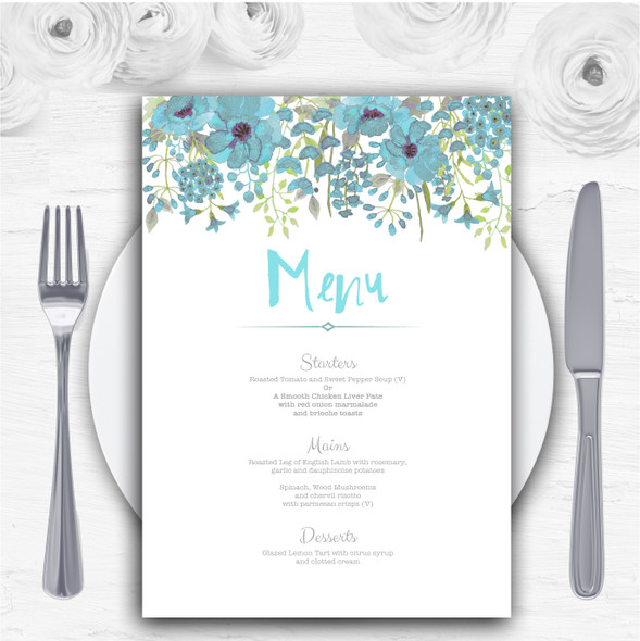 Watercolour Floral Blue Personalised Wedding Menu Cards