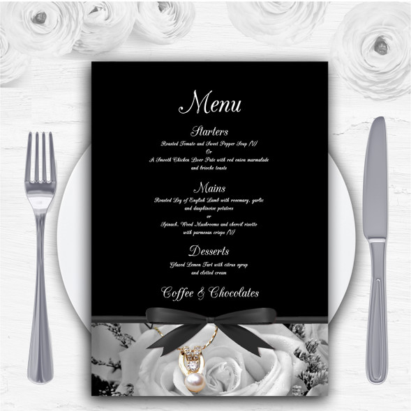 Black White Rose Pearl Personalised Wedding Menu Cards