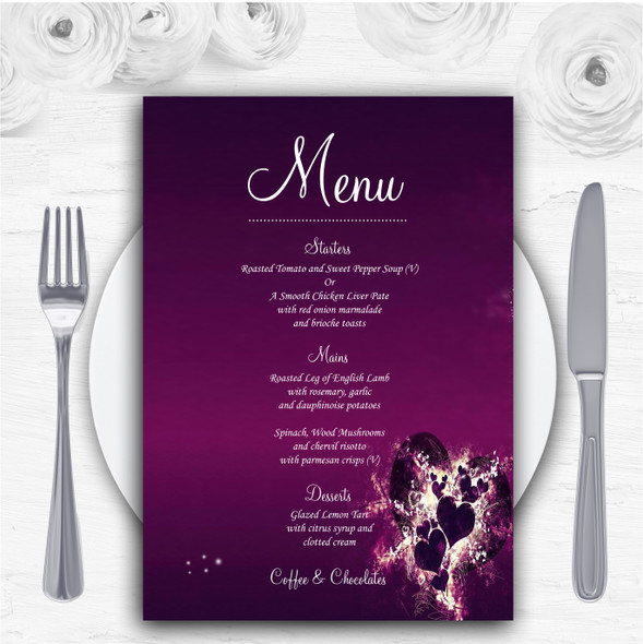 Purple Hearts Romantic Personalised Wedding Menu Cards