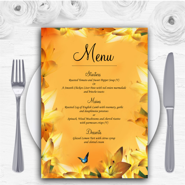 Orange Lily Flower Personalised Wedding Menu Cards