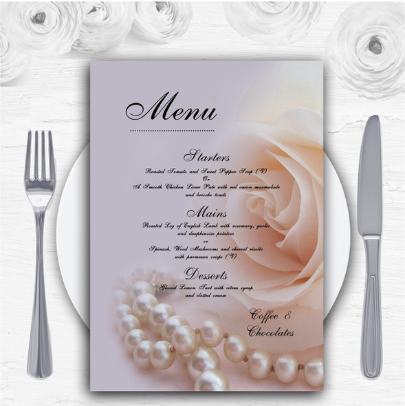 Lilac Rose Pearls Personalised Wedding Menu Cards