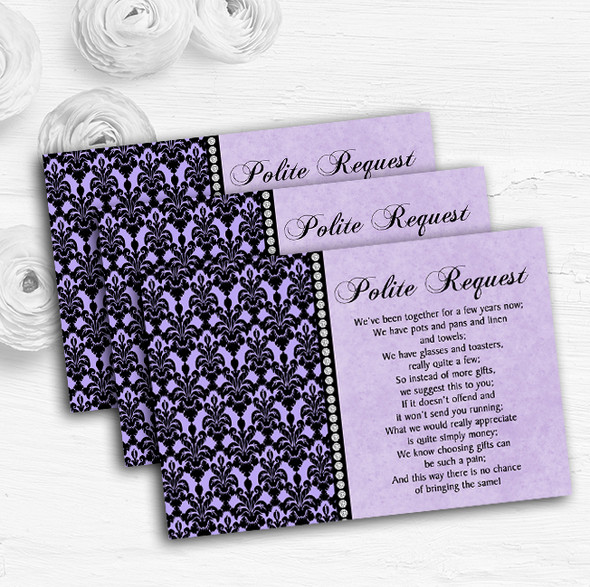 Lilac Purple Black Damask & Diamond Custom Wedding Gift Request Money Poem Cards