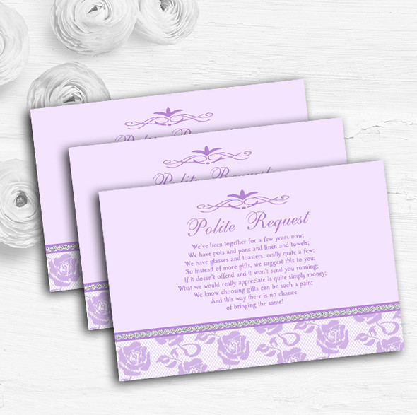 Pretty Lilac Purple Floral Diamante Custom Wedding Gift Request Money Poem Cards