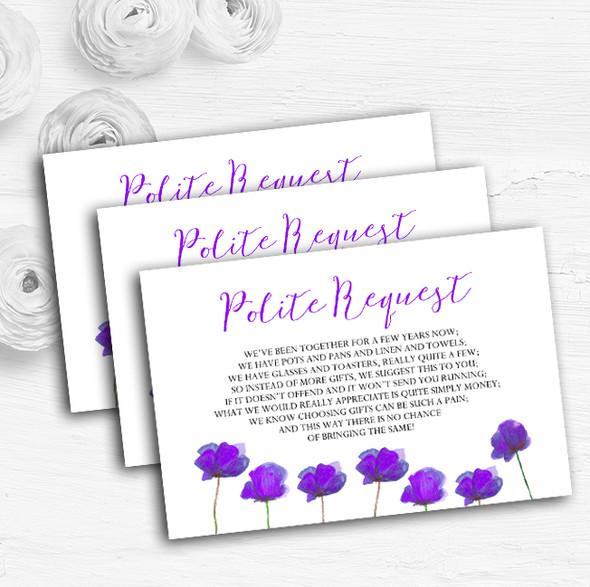 Stunning Watercolour Poppies Purple Custom Wedding Gift Request Money Poem Cards