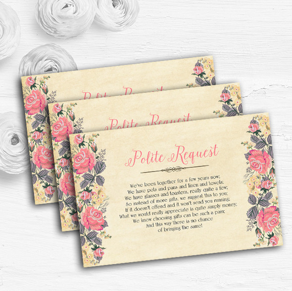Vintage Coral Pink Rose Watercolour Custom Wedding Gift Request Money Poem Cards