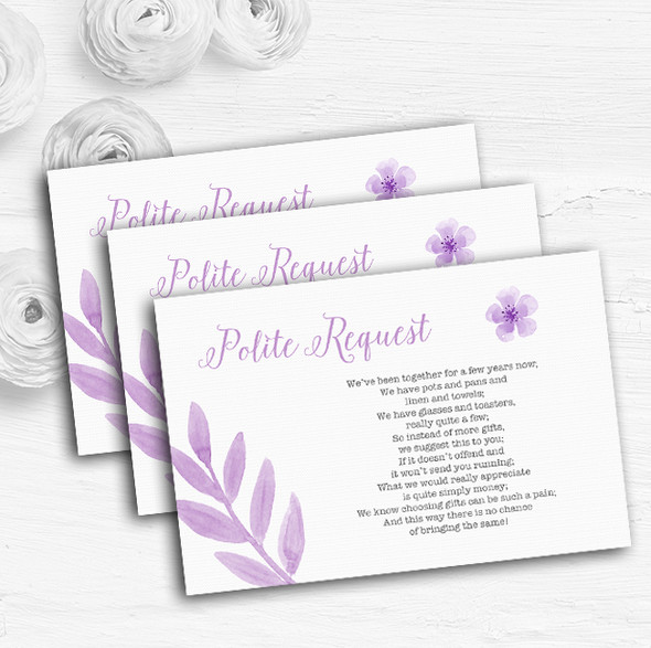 Watercolour Subtle Lilac Personalised Wedding Gift Cash Request Money Poem Cards