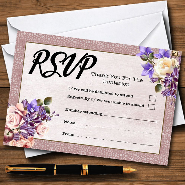 Pale Coral Pink & Lilac Watercolour Rose RSVP Cards