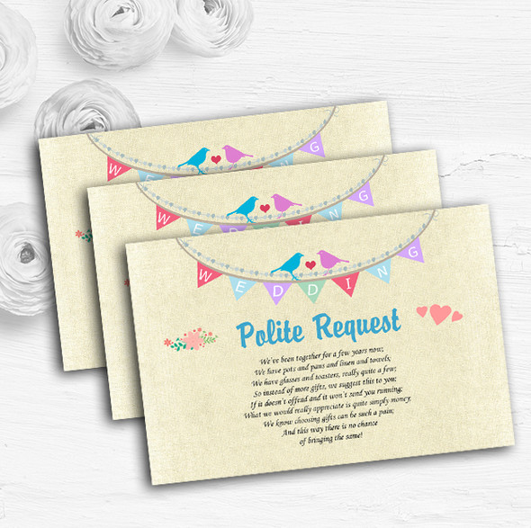 Vintage Shabby Chic Love Birds And Bunting Custom Wedding Gift Money Poem Cards